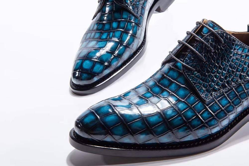 Giày nam da cá sấu thủ công khâu Goodyear, buộc dây, Crocodile Shoes, giày tây nam xanh teal