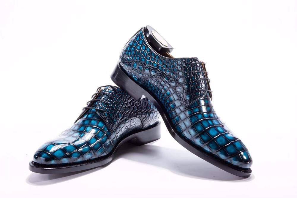Crocodile Shoes Goodyear Welted Handmade Giày buộc dây da cá sấu nam thủ công, màu xanh ngọc xanh lam, giày tây nam