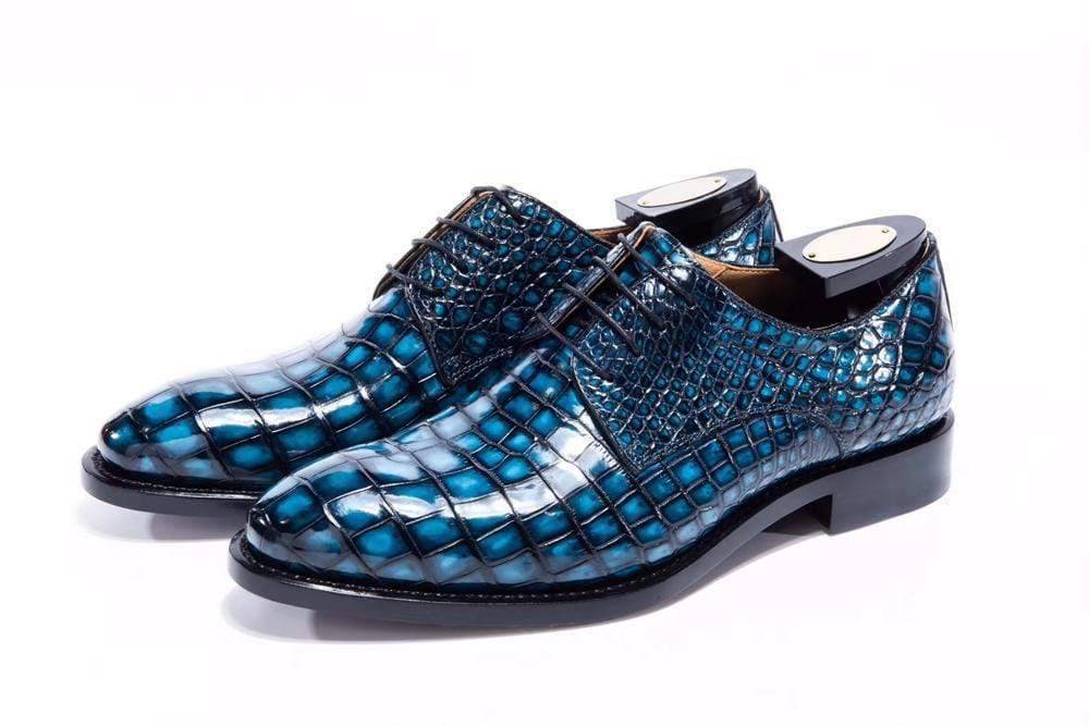Giày nam da cá sấu thủ công Goodyear welted buộc dây Crocodile Shoes, giày tây nam xanh teal