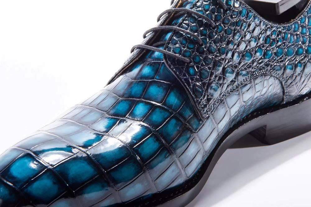Giày nam Crocodile may thủ công đế Goodyear, giày buộc dây da cá sấu, xanh ngọc lam, giày tây nam