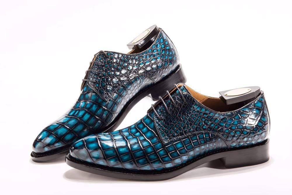 Giày da cá sấu nam may đế Goodyear thủ công, giày buộc dây da cá sấu, màu xanh ngọc, giày tây nam
