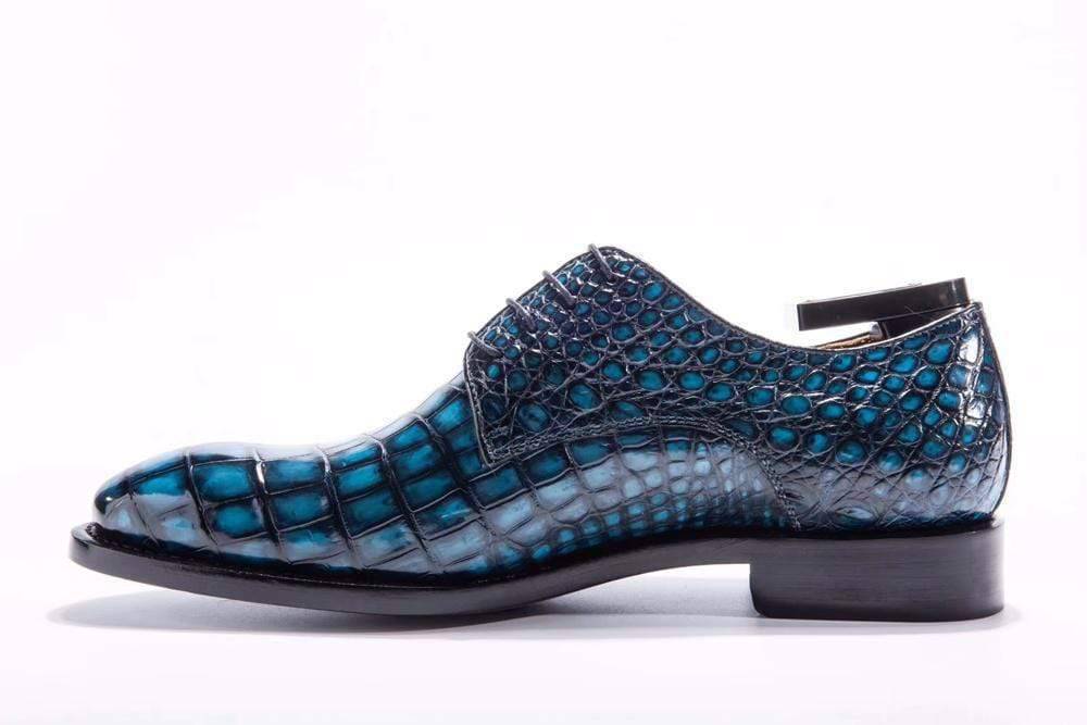 Giày nam Crocodile khâu Goodyear thủ công bằng da cá sấu, giày buộc dây màu xanh teal, giày tây nam
