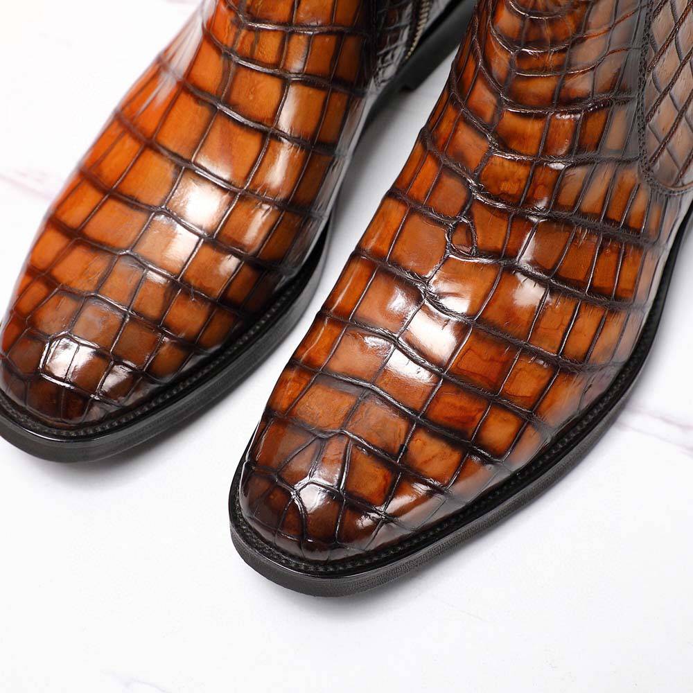 Preorder crocodile Shoes Men's Crocodile Leather Side Zipper Chelsea Boots Vintage Brown