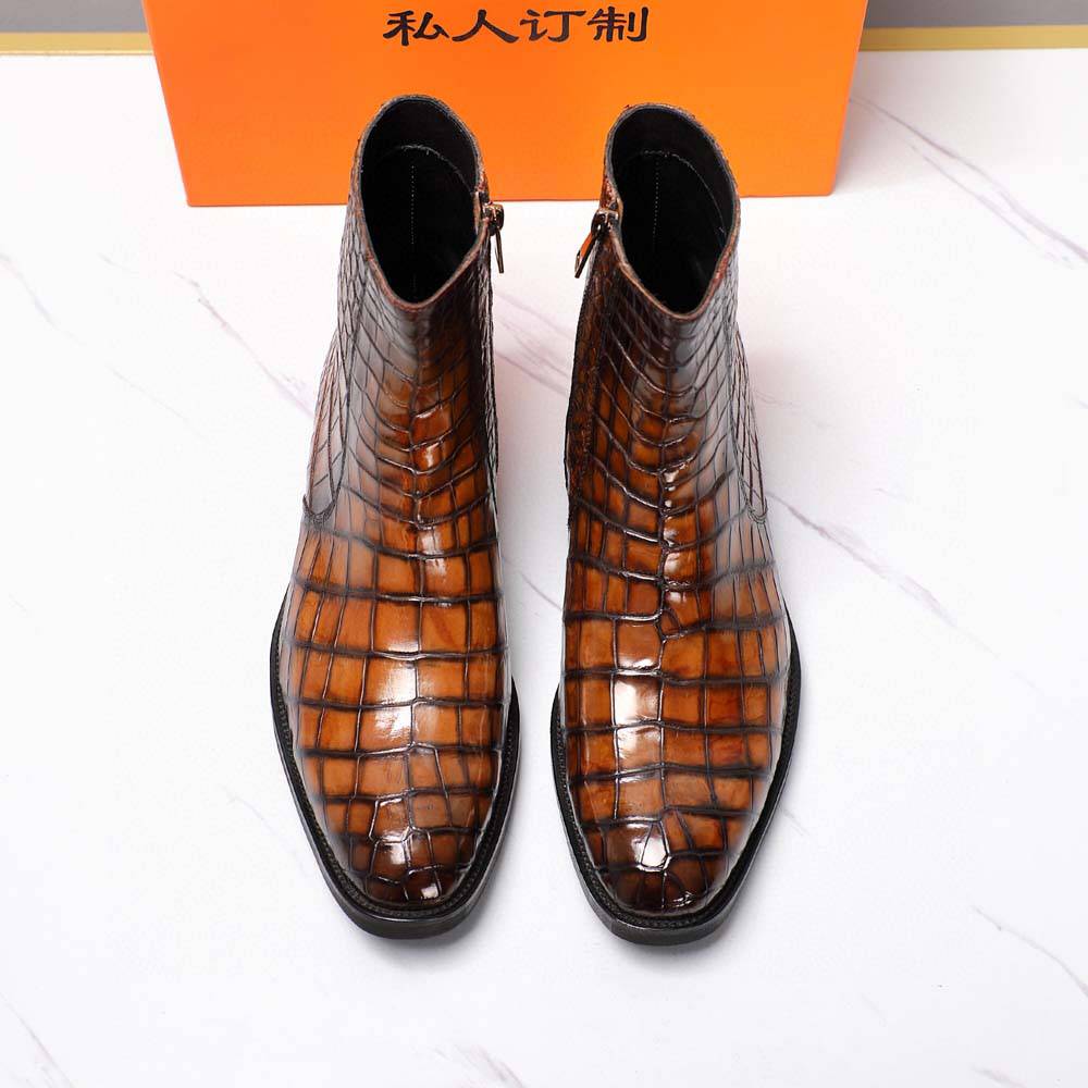 Preorder crocodile Shoes Men's Crocodile Leather Side Zipper Chelsea Boots Vintage Brown