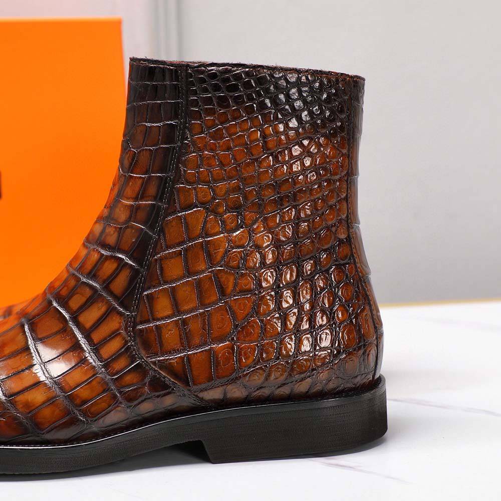 Preorder crocodile Shoes Men's Crocodile Leather Side Zipper Chelsea Boots Vintage Brown
