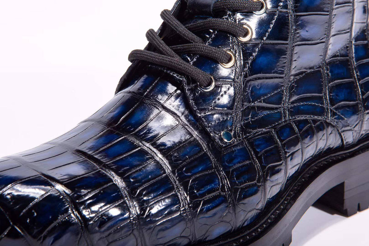 Crocodile Shoes Mens Boots Genuine Crocodile Skin Leather High-top Lace Up  Anti-Slip Boot Vintage Blue
