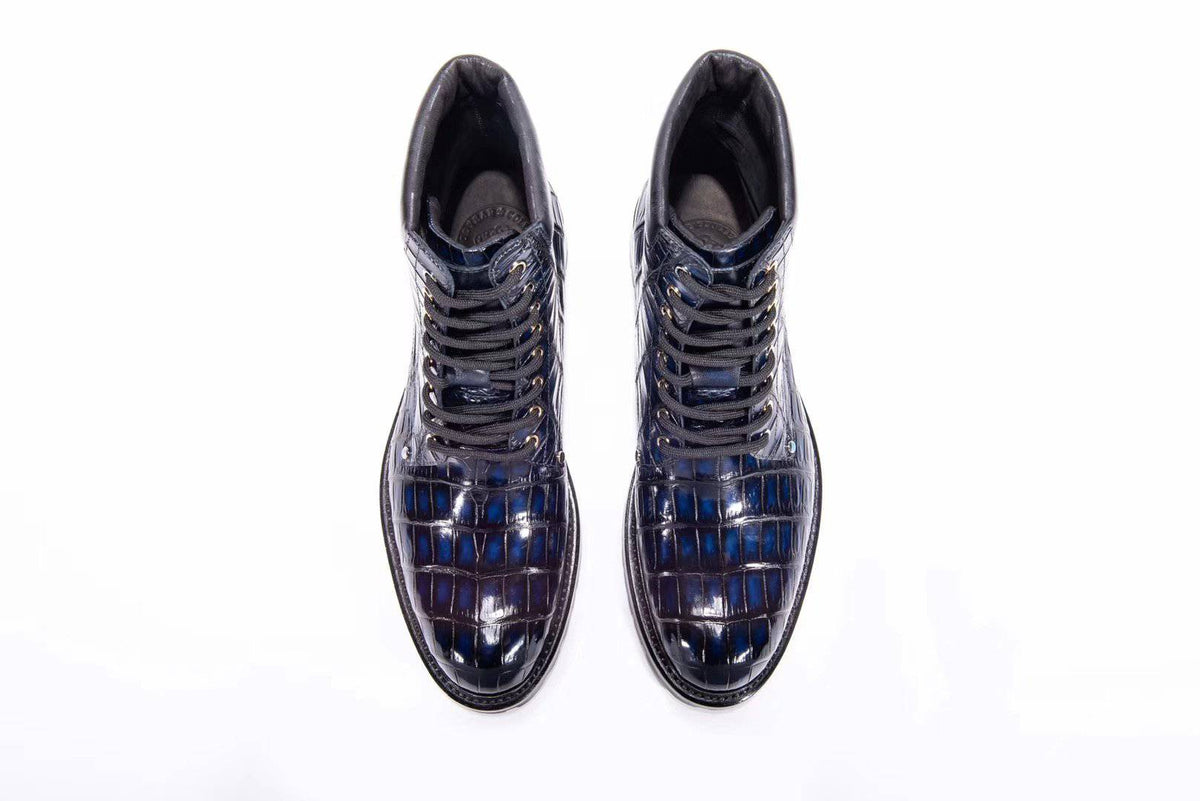 Crocodile Shoes Mens Boots Genuine Crocodile Skin Leather High-top Lace Up  Anti-Slip Boot Vintage Blue