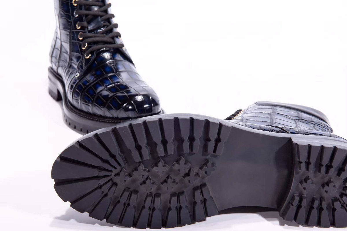 Crocodile Shoes Mens Boots Genuine Crocodile Skin Leather High-top Lace Up  Anti-Slip Boot Vintage Blue