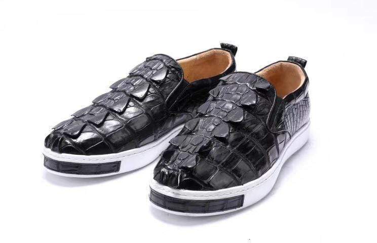 Preorder Crocodile Shoes Mens Crocodile Bone Leather Driving Shoes Slip on Flats Walking Shoes Black
