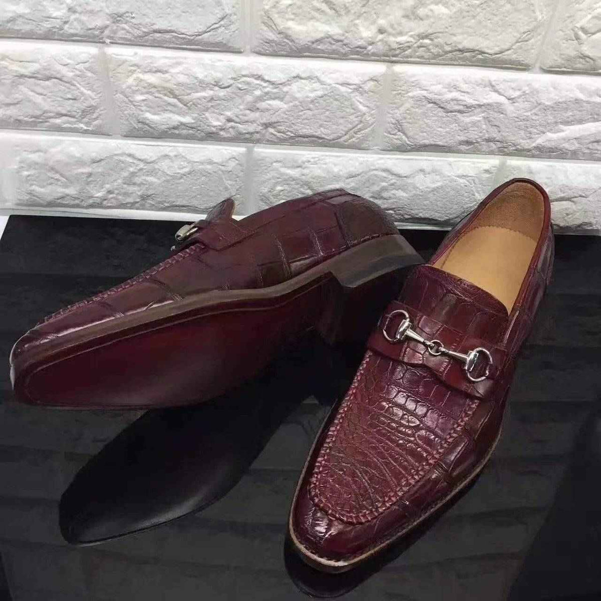 Crocodile Shoes Wine Red Genuine All-Over Crocodile  Belly Skin Slip On~ Loafer Shoes for Men