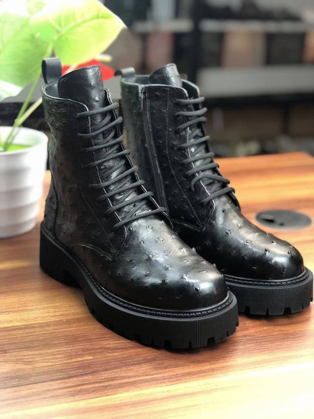 Crocodile Shoes Women's Ostrich Leather Parker Combat Boots Black
