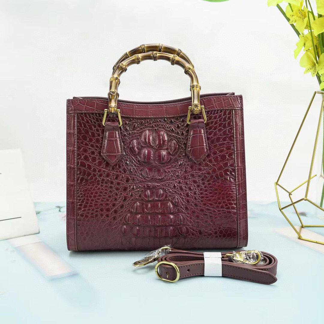 Crocodile Skin Leather Bamboo Top Handle Bag