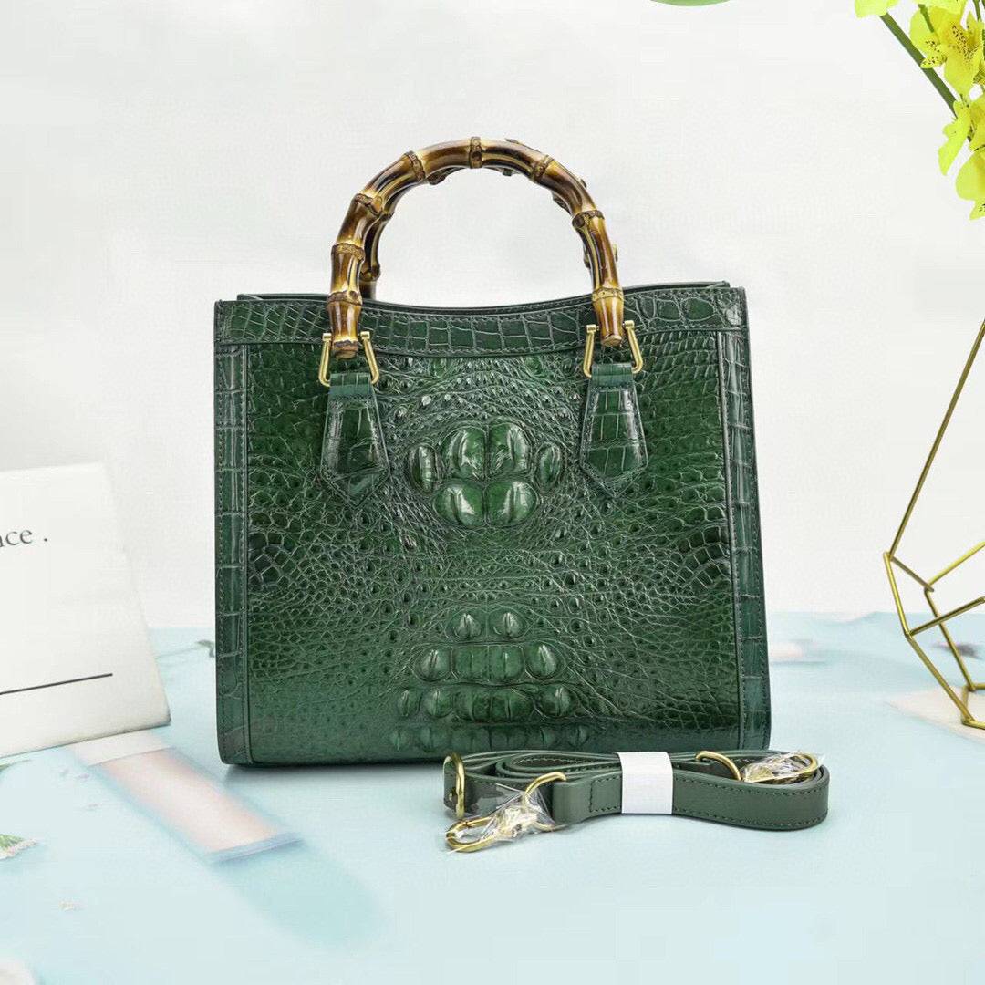 Crocodile Skin Leather Bamboo Top Handle Bag