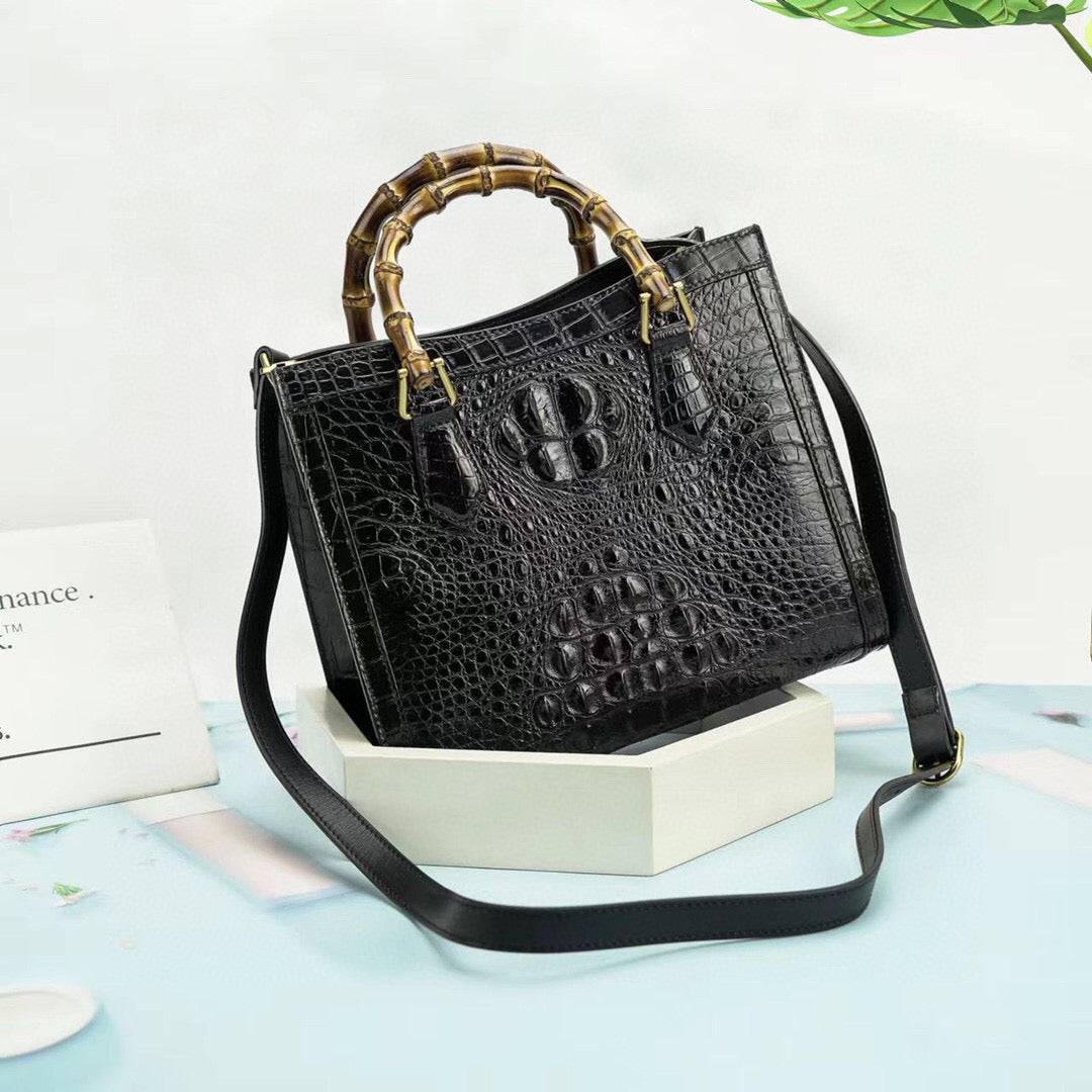 Crocodile Skin Leather Bamboo Top Handle Bag