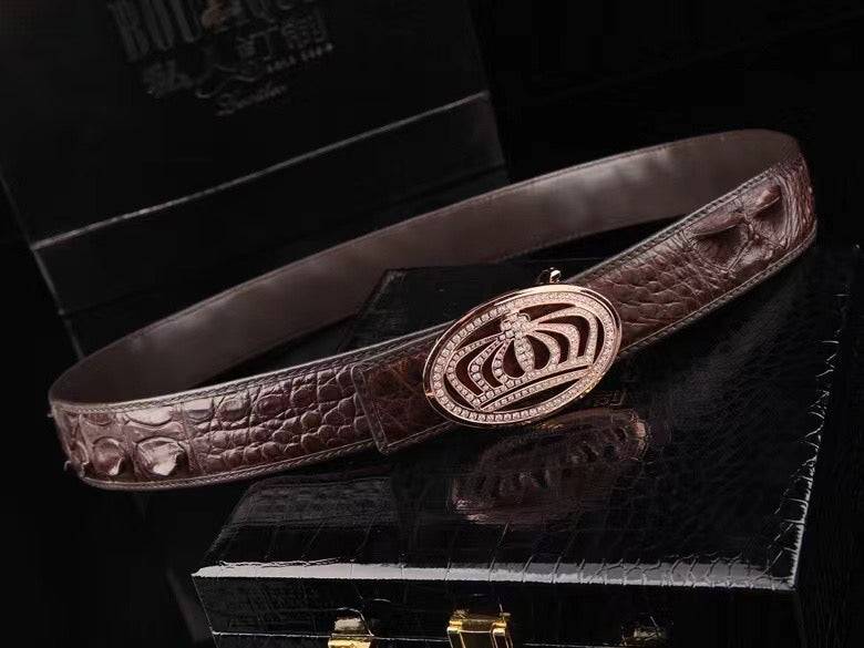 Crocodile Skin Leather Belt Crown Black