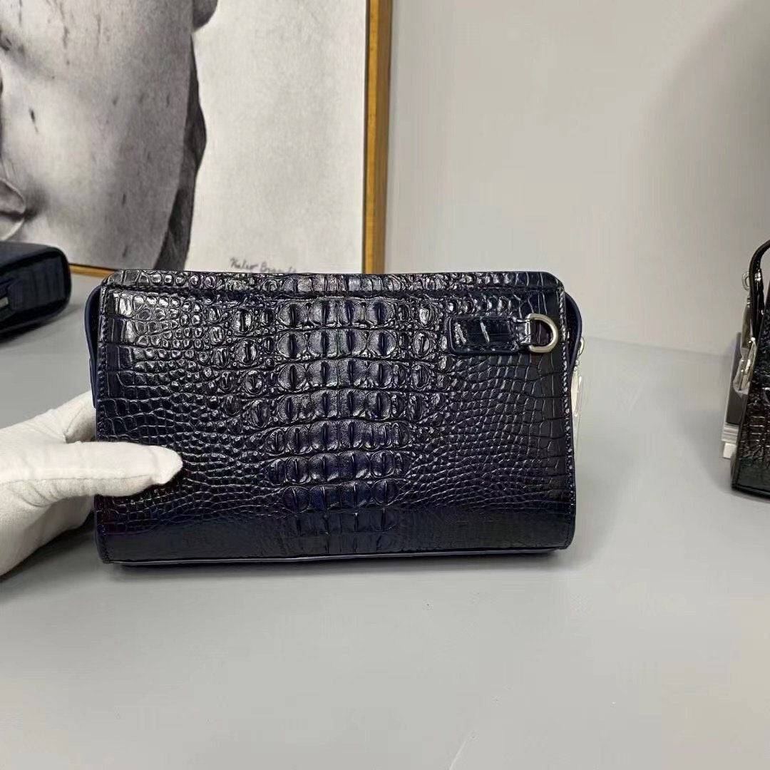 Crocodile Skin Leather Business Code Lock Wallet With Wrist Strap Silver Blue