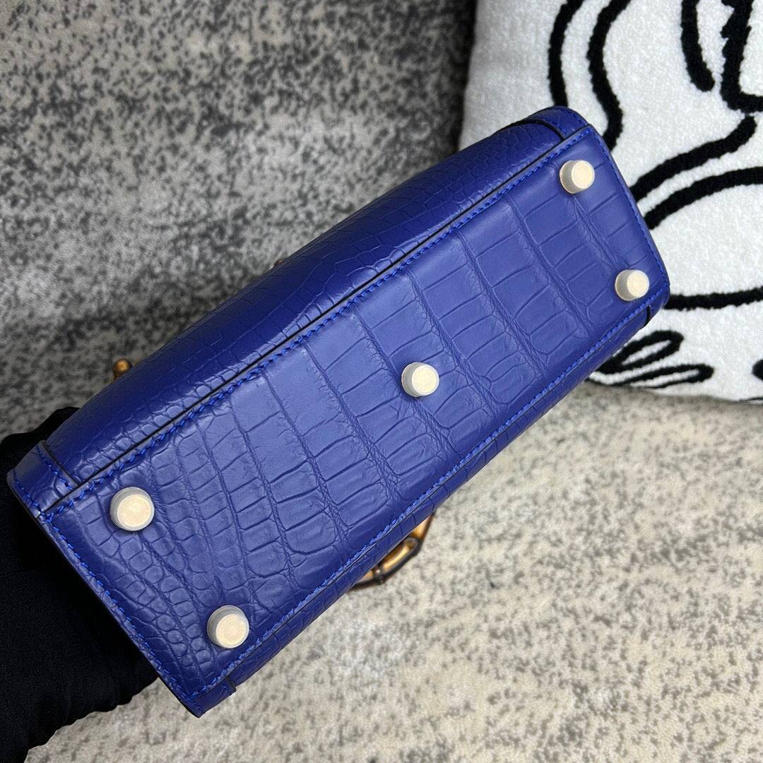 Crocodile Skin Leather Shoulder Crossbody Bag With Bamboo Handle Blue