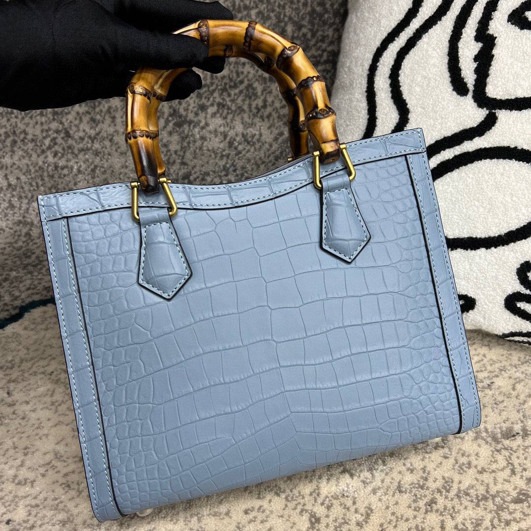 Crocodile Skin Leather Shoulder Crossbody Bag With Bamboo Handle Light Blue