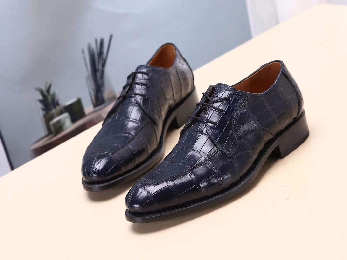 Crocodile Shoes Dark Blue Men's  Crocodile Belly Leather  Lace Ups Shoes- Men's Dress Shoe,Goodyear Sole