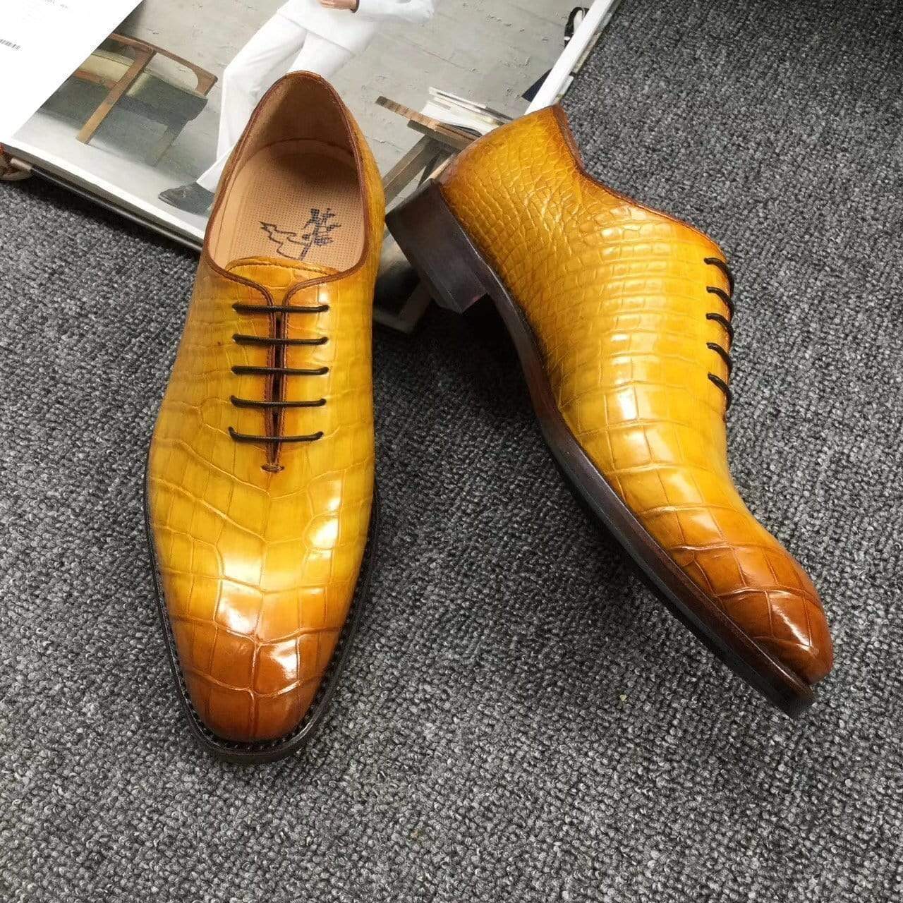 Crocodile Shoes Genuine Crocodile Belly Leather Mens Grand Cap Toe Dress Shoes