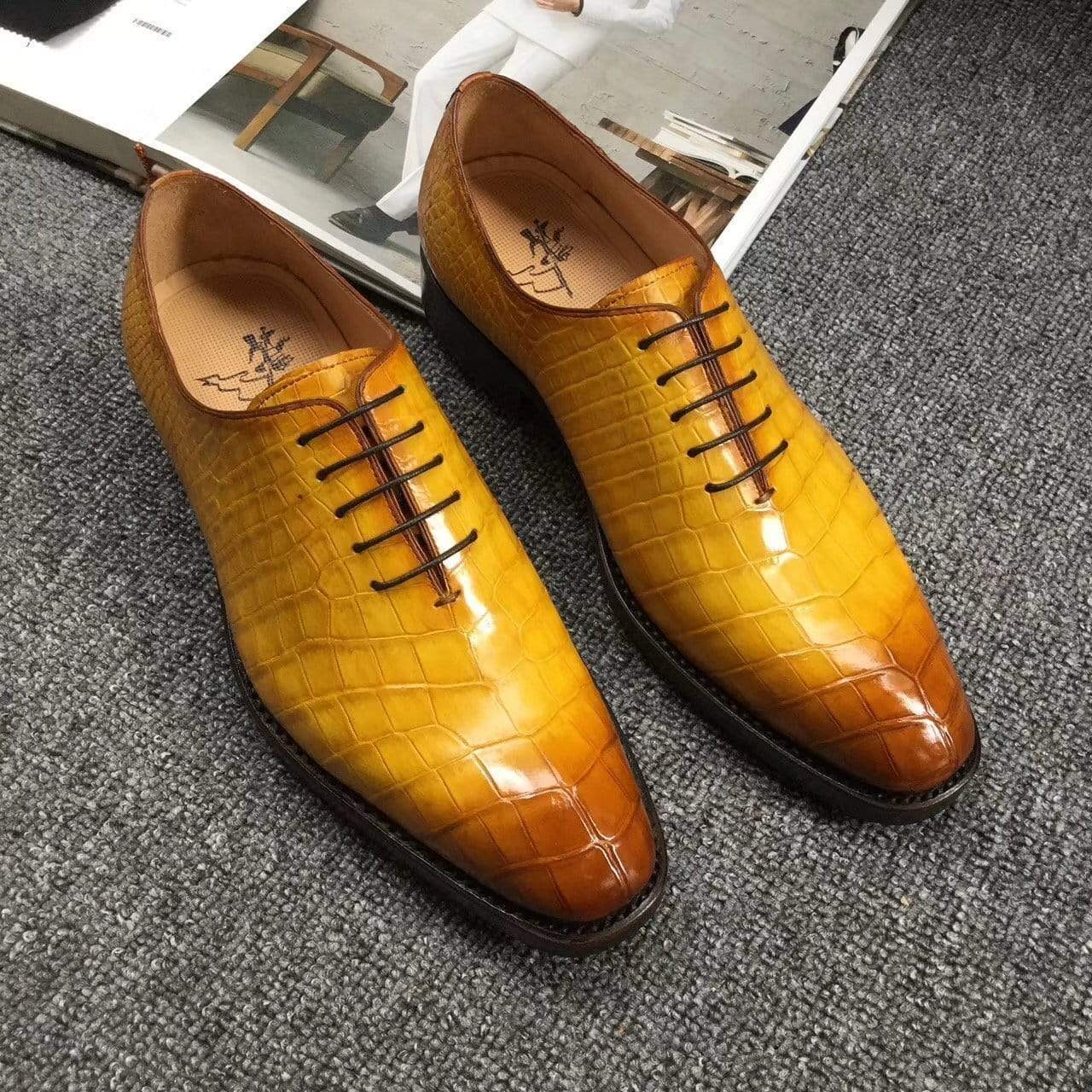 Crocodile Shoes Genuine Crocodile Belly Leather Mens Grand Cap Toe Dress Shoes