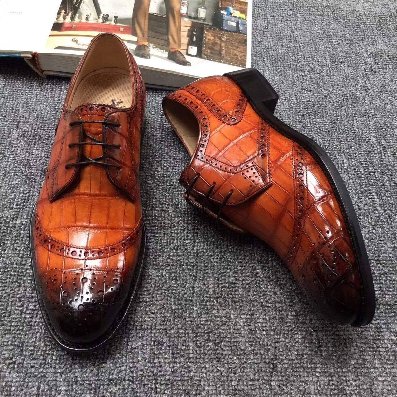 Crocodile Shoes Genuine Crocodile  Belly Leather  Shoes  Mens Cap Toe Crust Tuscania Wingtip