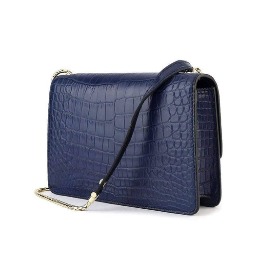 Genuine Crocodile Leather Cross Body Messenger Flap Shoulder Bag Blue