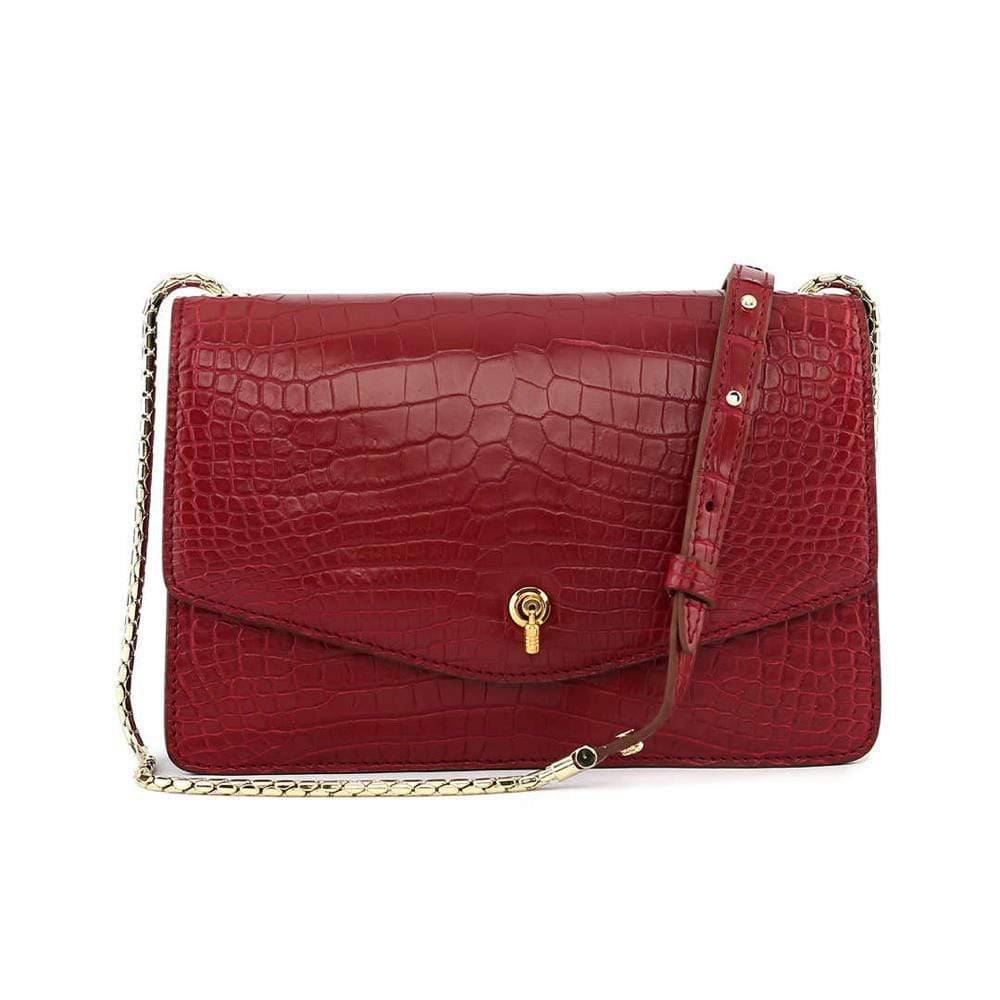 Genuine Crocodile Leather Cross Body Messenger Flap Shoulder Bag Red