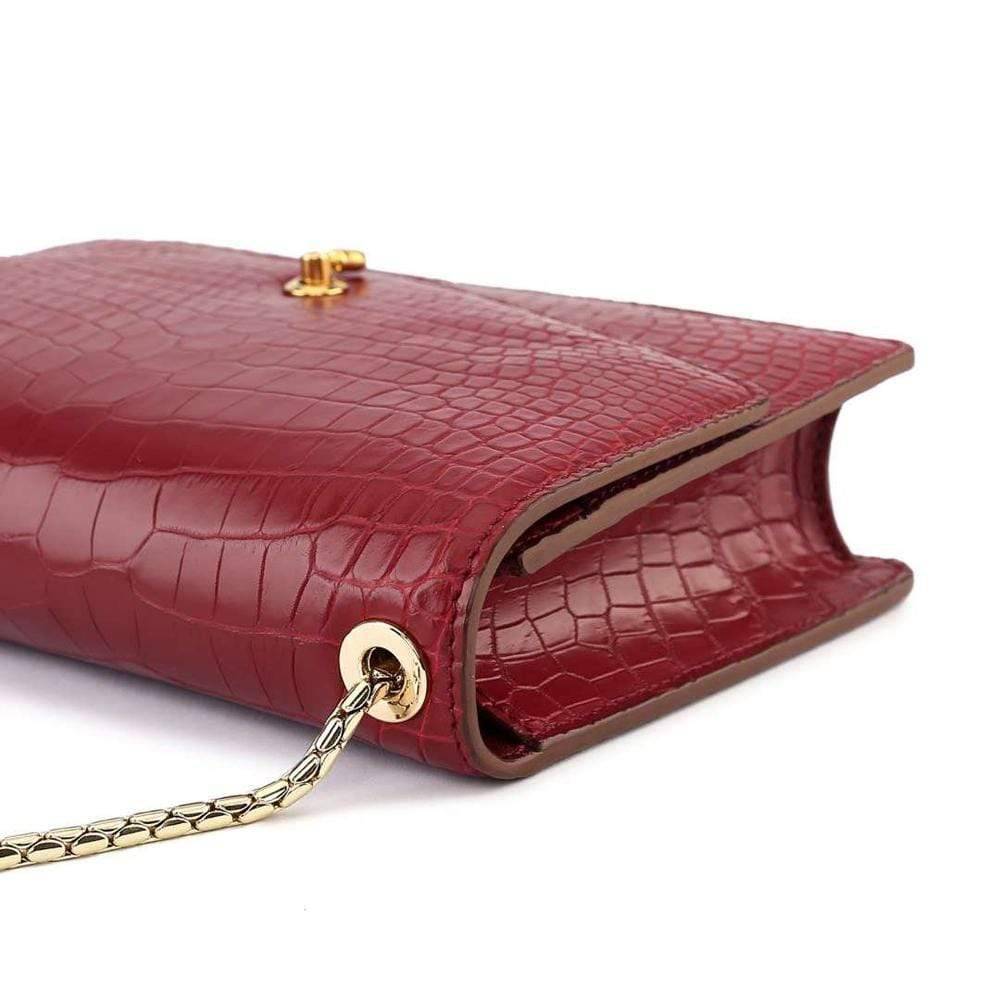 Genuine Crocodile Leather Cross Body Messenger Flap Shoulder Bag Red