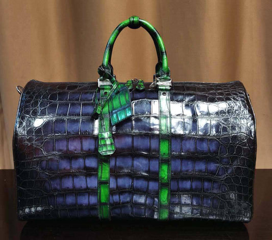 Genuine Crocodile Leather Large Duffel Bag Vintage Grey/ Green