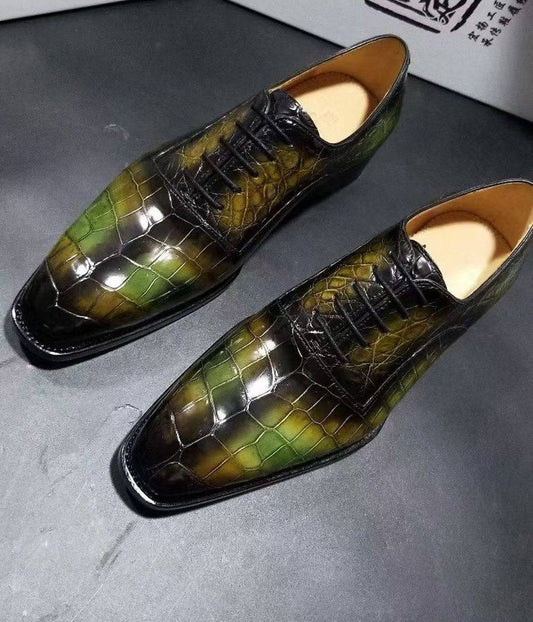 Crocodile Shoes Genuine Crocodile Leather Mens Lace up Dress Shoes Hand Painted Vintage Green