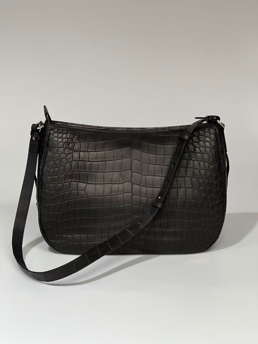 Genuine Crocodile Leather Saddle  Cross Body Handle Bag Black