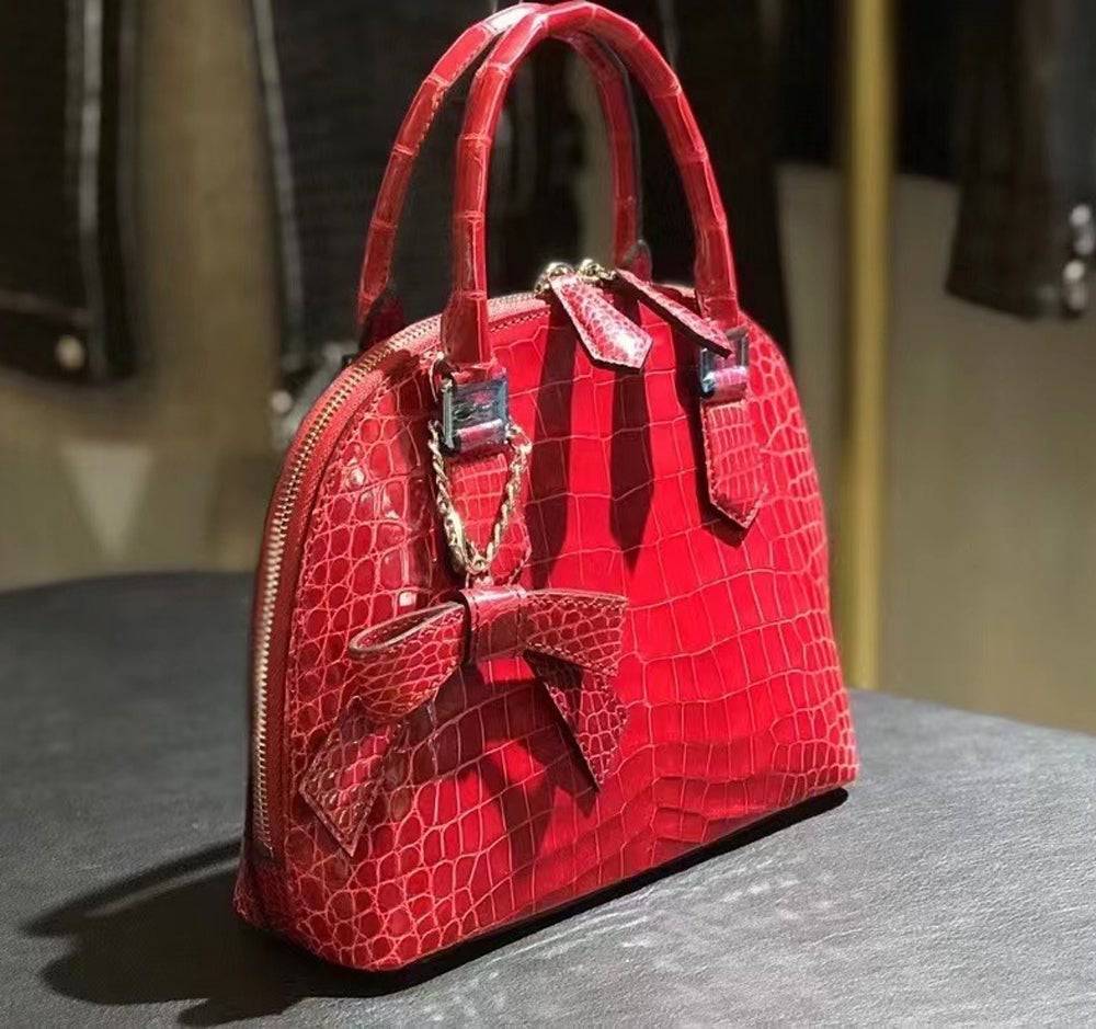 Genuine Crocodile  Leather  Shell Top Handle Cross Body Tote Bags For S/S  Red