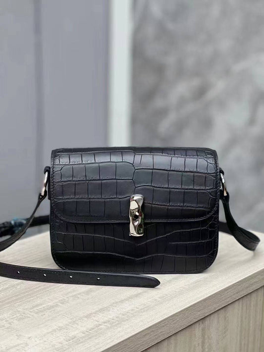 Genuine Crocodile Leather Womens  Square Messenger Bag Black