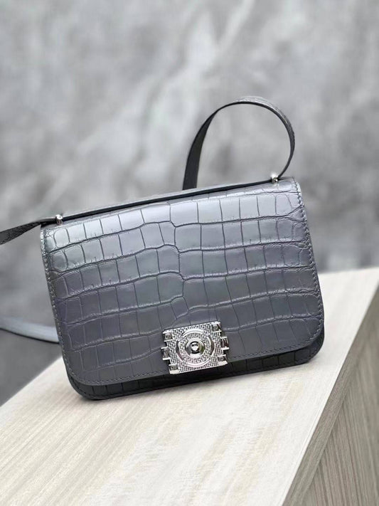 Genuine Crocodile Leather Womens  Square Messenger Bag Grey