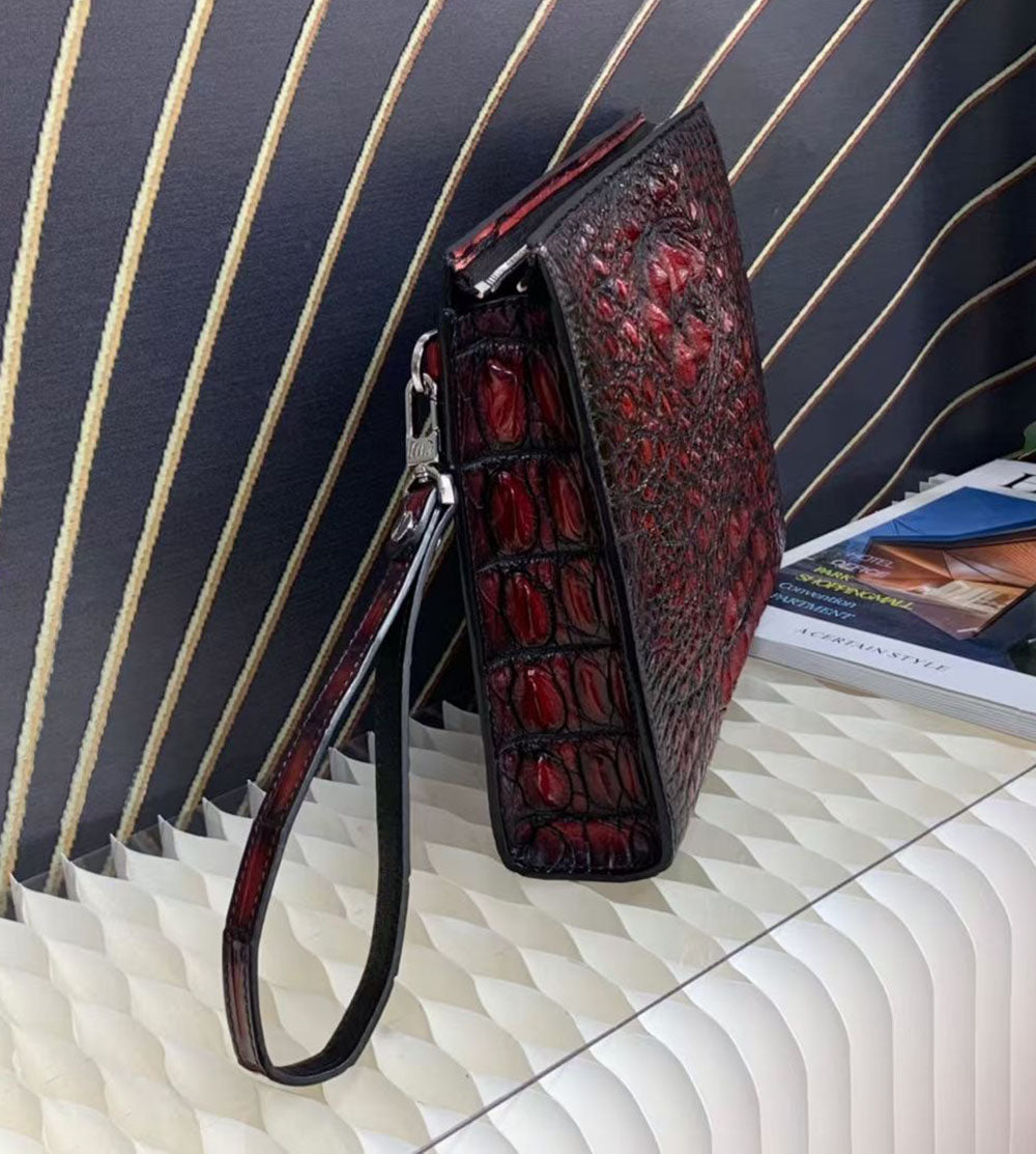 Genuine Crocodile Skin Bone Leather Wrist Handle Clutch Wallet  Bag Vintage Red