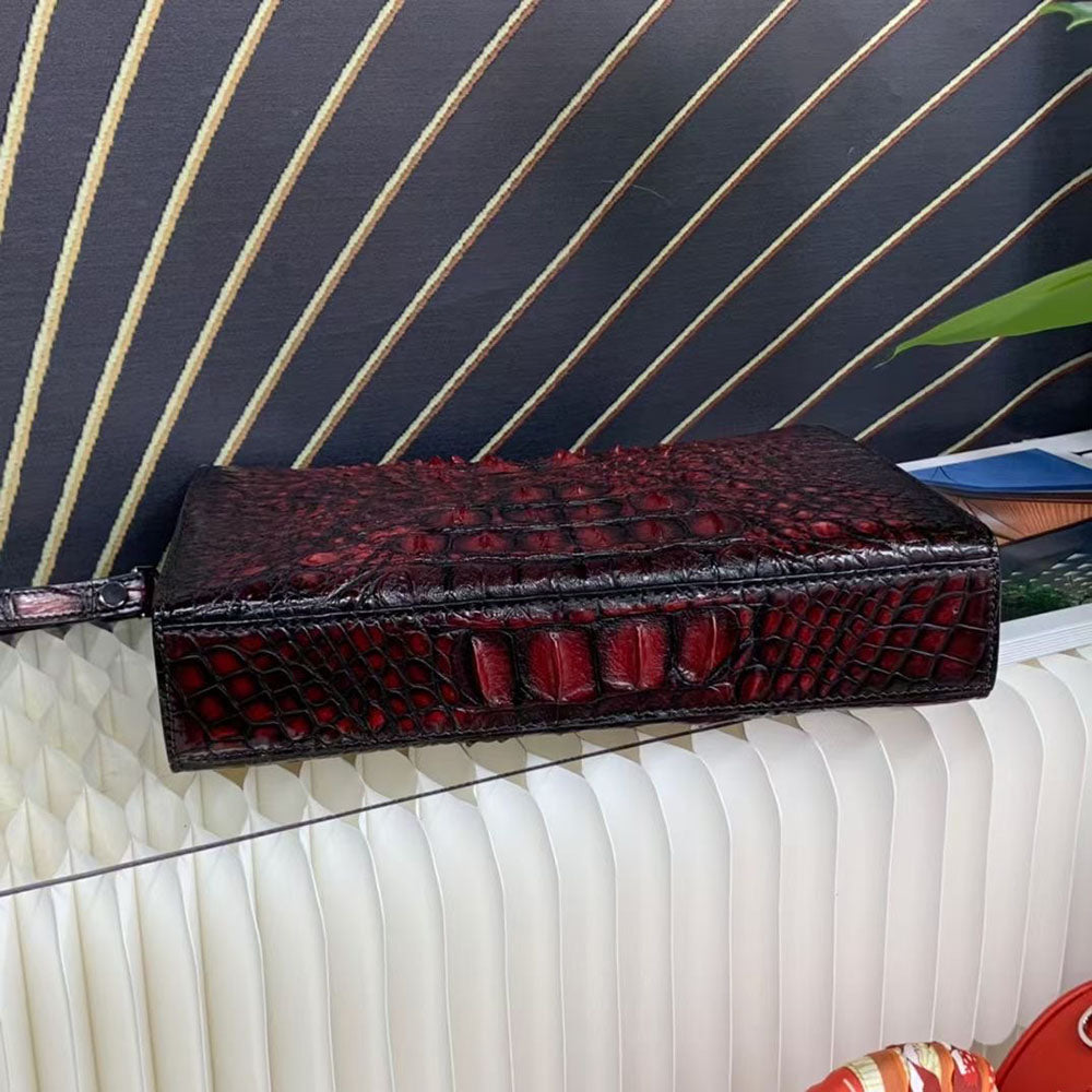 Genuine Crocodile Skin Bone Leather Wrist Handle Clutch Wallet  Bag Vintage Red
