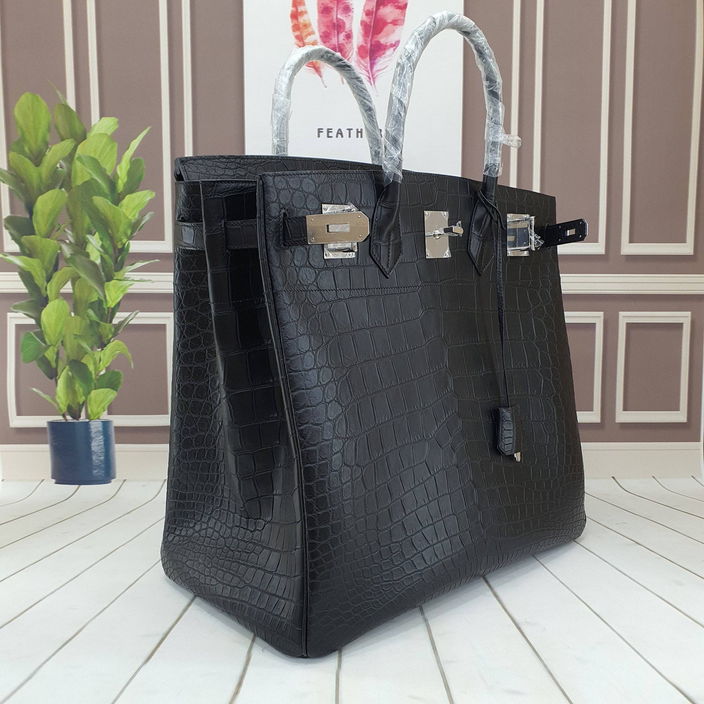 Genuine Crocodile Skin Leather Oversized Padlock Business Handbags Black