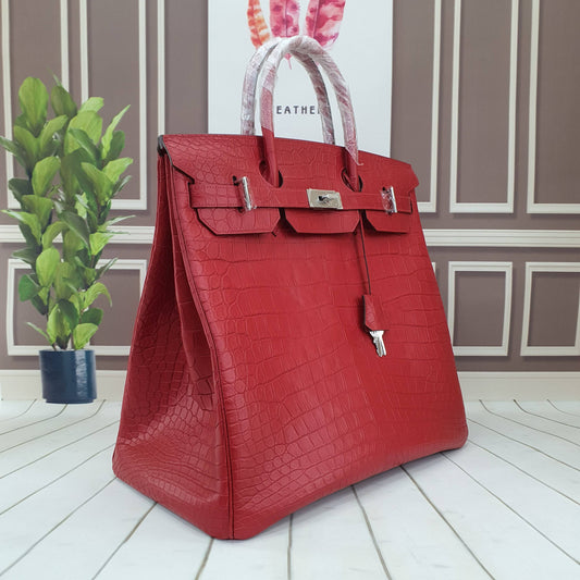 Genuine Crocodile Skin Leather  Oversized Padlock Business Handbags Red