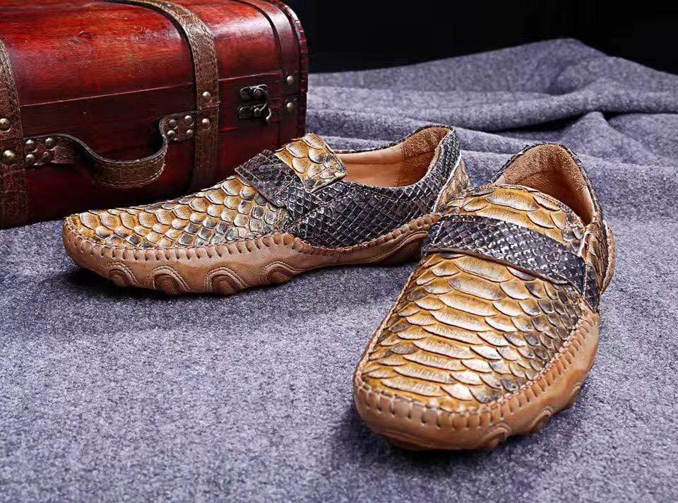 Crocodile Shoes Genuine Python Leather  Men's  Beige Slip-On Loafer Shoes