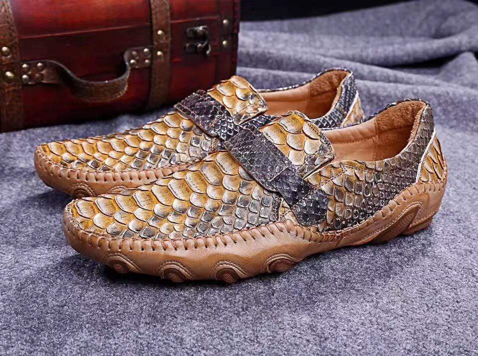 Crocodile Shoes Genuine Python Leather  Men's  Beige Slip-On Loafer Shoes