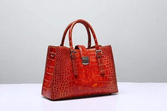Genuine  Crocodile Leather Top Handle Tote  Shoulder Bag Vintage Orange