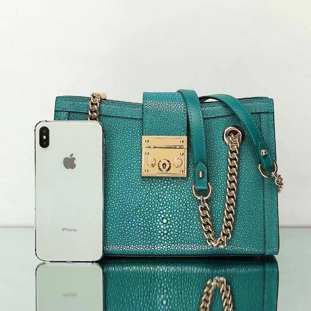 GenuinePearl Stingray Leather Tote Shoulder Chain Bag Green