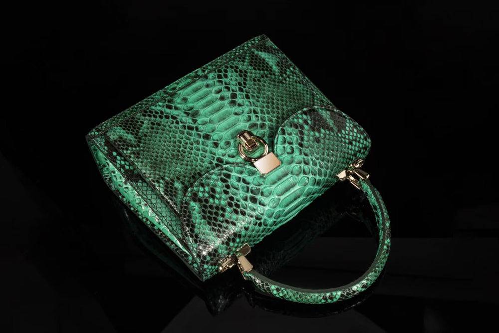 Green Genuine Python Leather Top Handle Bag