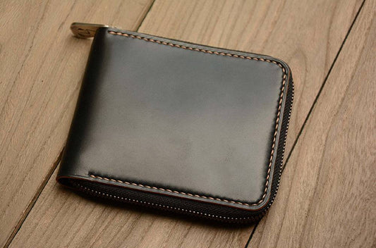 Portafoglio corto con zip in pelle Shell Cordovan Horween USA, fatto a mano