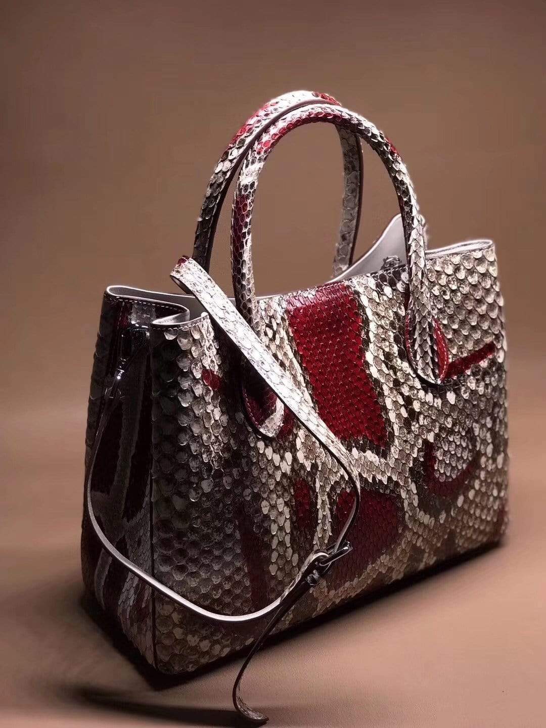 Genuine Python Leather Top Handle Tote Shoulder Bags Multi Light Red