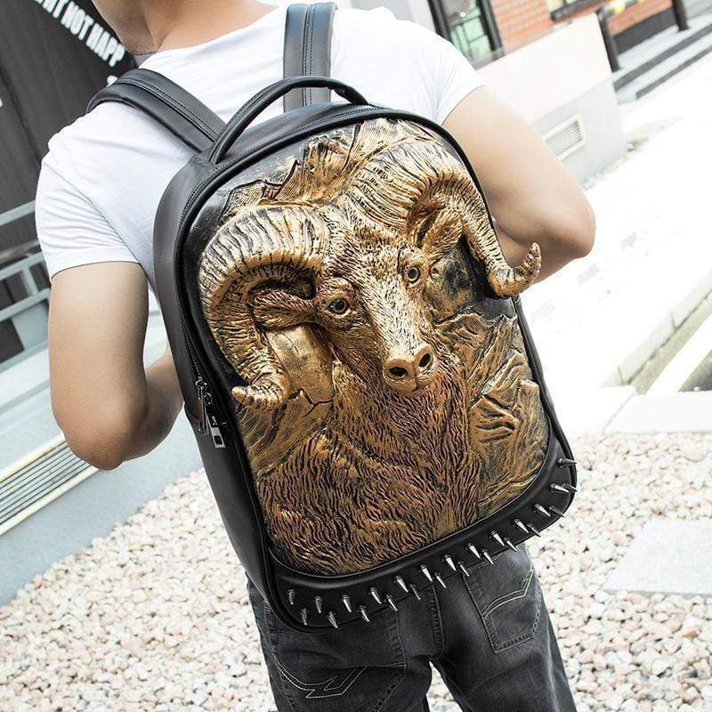 Large Studded Backpack 3D Goat Head Sculpture Backpack Laptop Travelling Rucksack Bag