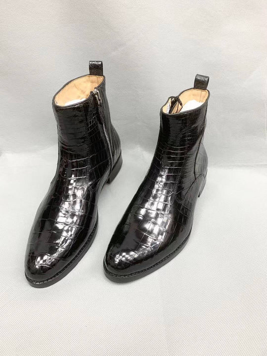 Crocodile Shoes Men Black Ankle Crocodile  Leather Boot, Men Side Zipper Boot, Men Crocodile Leather Boots