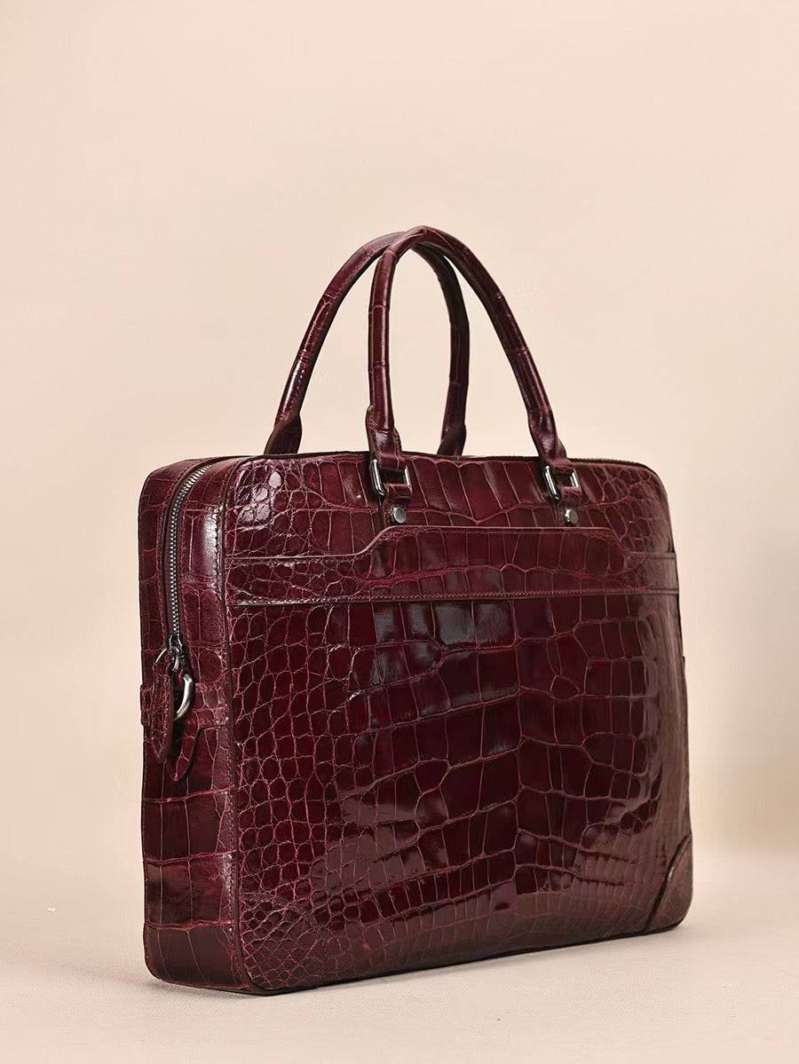 Men Genuine Crocodile Leather  Briefcase Wine Red