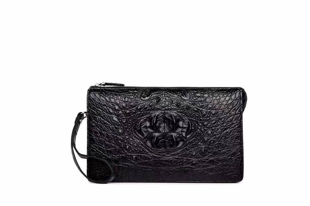 Portafoglio lungo clutch da uomo business in pelle verde scuro con motivo coccodrillo e osso, con zip, portafoglio, portacarte, verde scuro in preordine